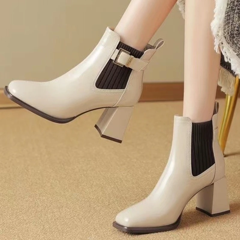 

2024 Women Sexy Ankle Chelsea Boots Square Toe Motorcycle Boots Winter New High Heels Shoes Chunky Gladiator Snow Pumps Botas