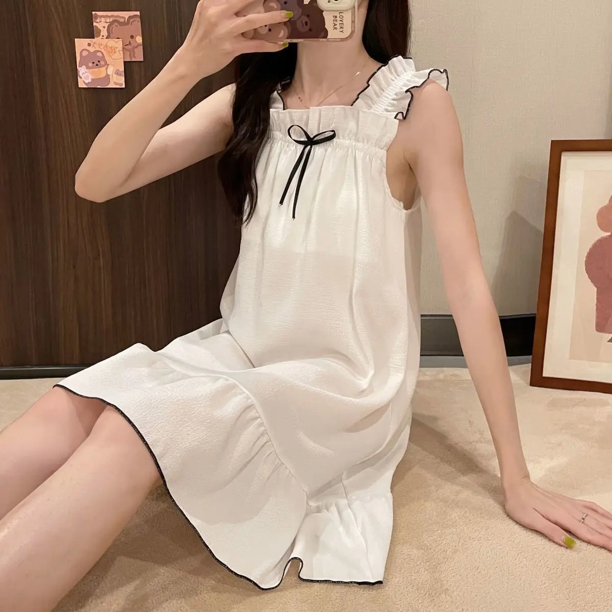 

Strap Sleep Ruffles Nightwear Pajamas Womens Korean White Night Summer Wears Nightgown Style Dress Sleepwear Spaghetti Bow Night
