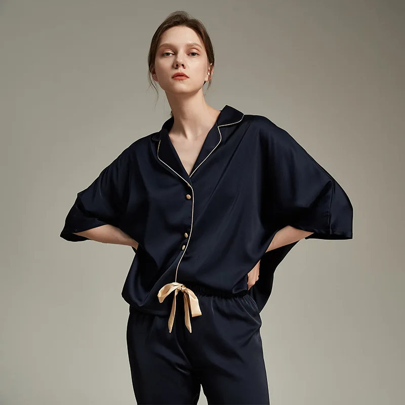 Summer Thin Section Ice Silk Women Pajama Sets Lapel 3/4 Sleeves Pajamas Set Elegant Night Wears for Women's Sets Free Shipping