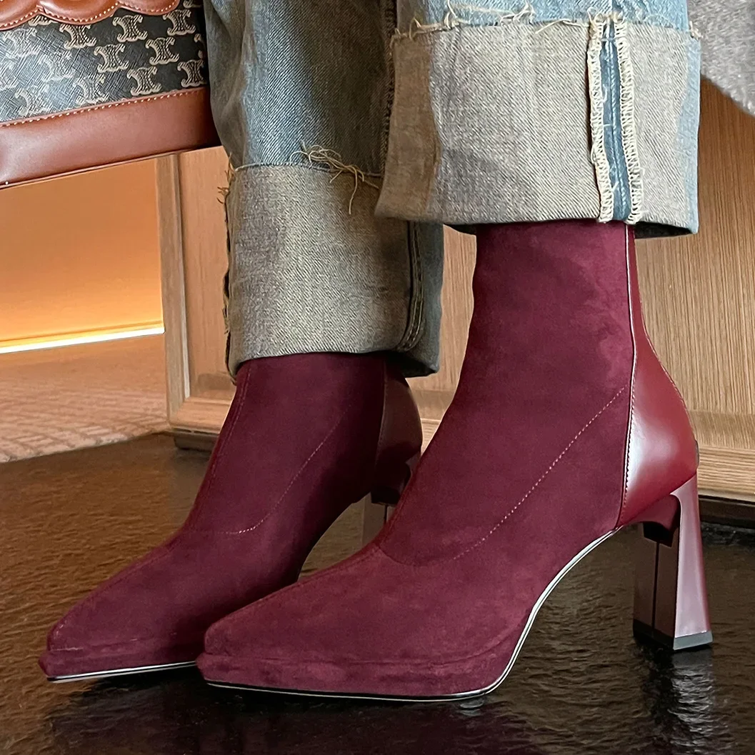 Женские эластичные ботинки винно-красного цвета в стиле ретро с острым носком