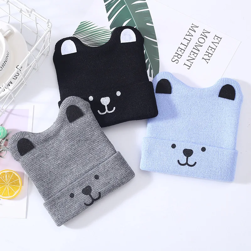 

1pc Baby Cute Woolen Hat Bear Cartoon Winter Hat Headband Soft Elastic Cotton New Hedging Hat Children's Cute Warm Solid Colors