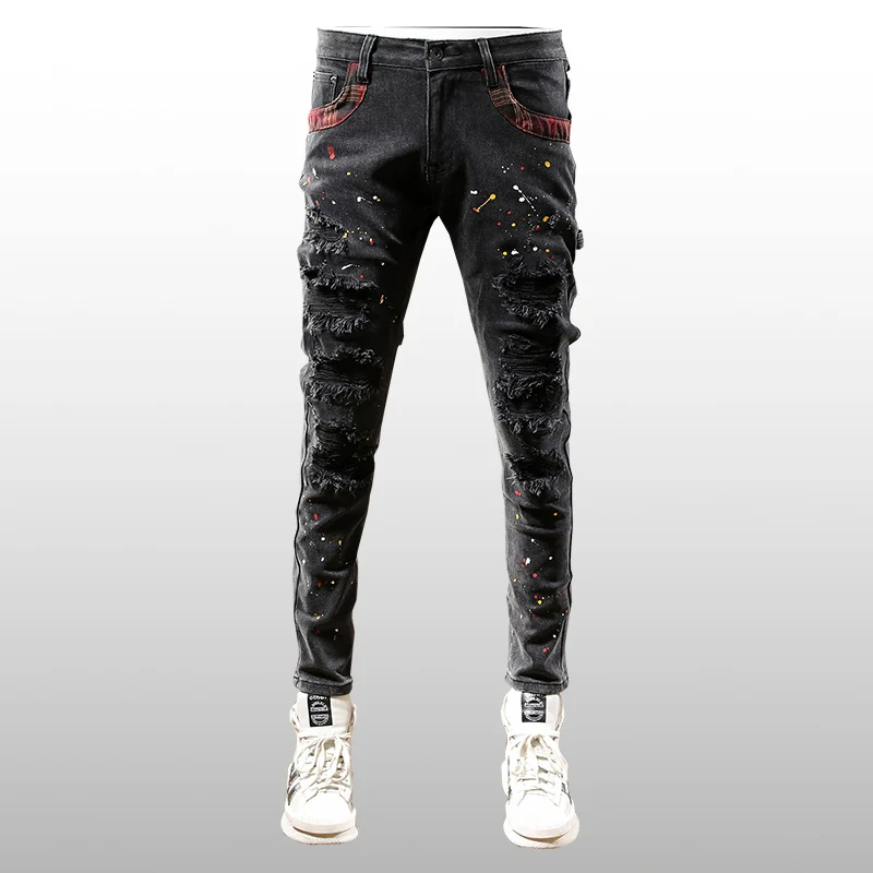 Street Fashion Men Jeans Retro Black Gray Elastic Stretch Slim Fit Ripped Jeans Men Painted Designer Multi Pockets Hip Hop Pants