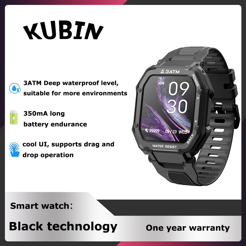

KUBIN Men Smart Watch Full Touch Screen 1.69 Lnch Waterproof 3ATM Low Power Durable Sports Fitness for Android Ios Free Shipping