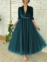 new ink blue top velvet evening formal dresses 2022 v neck half sleeve tea length tulle prom party gowns robe de soiree