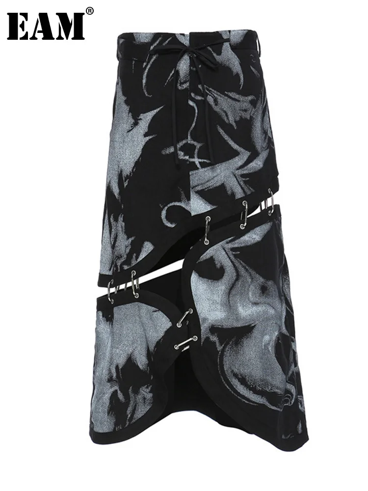 

[EAM] High Waist Black Irregular Pattern Printed Two Ways Wear Half-body Skirt Women Fashion Tide New Spring Autumn 2022 1DE7770