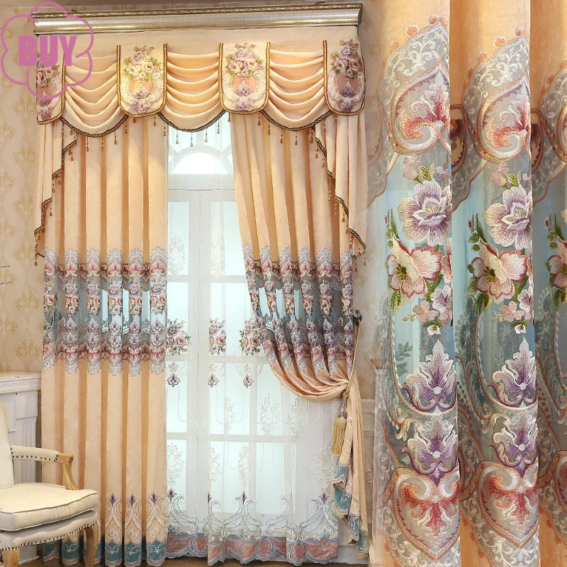

European-style Curtain for Living Dining Room Bedroom Light Luxury Beige Chenille Embroidered Valance Window Tulle Screen Custom