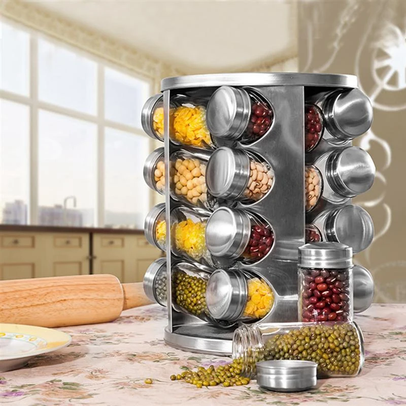 

JHD-Stainless Steel Seasoning Bottle Rack Kit Rotating Spice Rack Bottle Set Large Capacity Condiment Jars Holder Organizer