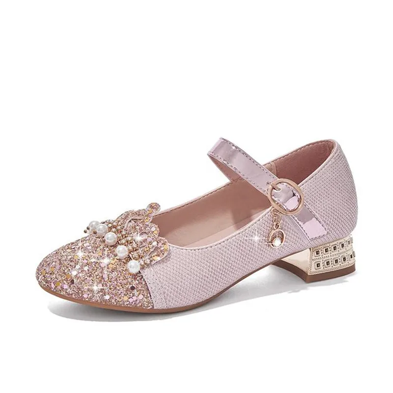 Princess Girl Heel Shoes Pink  Kid Glitter Shoes Ballerina Child Girl Elegant Shoe