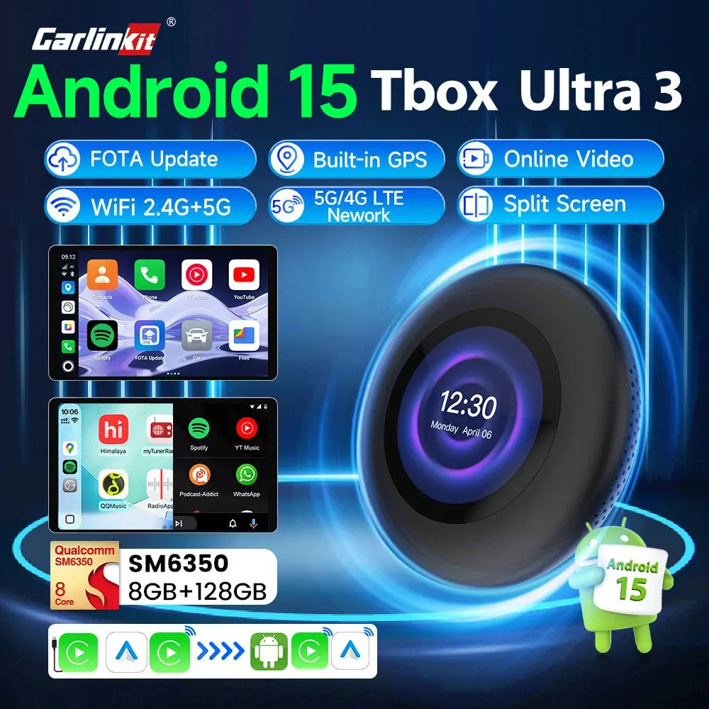 Фото Tbox-Ultra 3 CarlinKit Android 15 TV Box SM6350 5G/4G LTE Беспроводной Android Auto & CarPlay Ai Box для Netflix IPTV GPS с ЖК-экраном №1