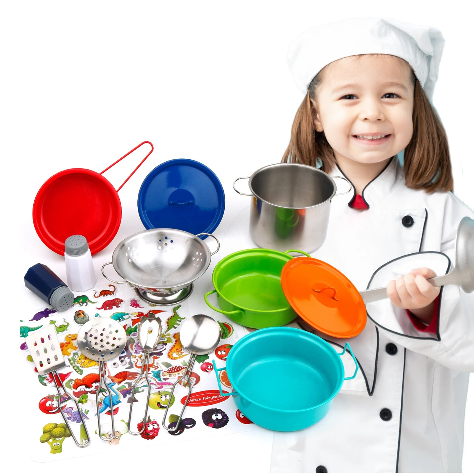 

17Pcs Play Kitchen Accessories Kids Chef Set For Real Cooking Pretend Cooking Utensils Toys For Kids Real Cookware Pots And Pans