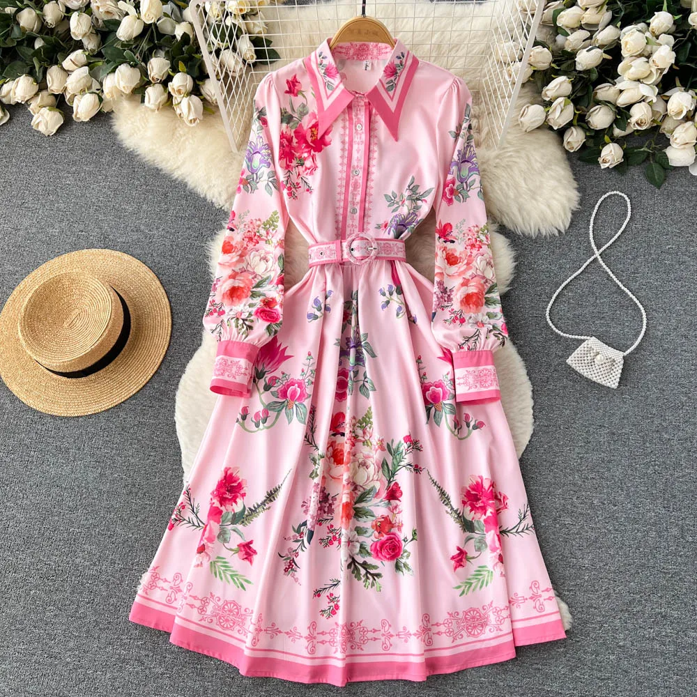 

Женское модельное платье-рубашка с цветочным принтом, однобортное винтажное платье с отложным воротником и длинным рукавом и поясом, лето 2023