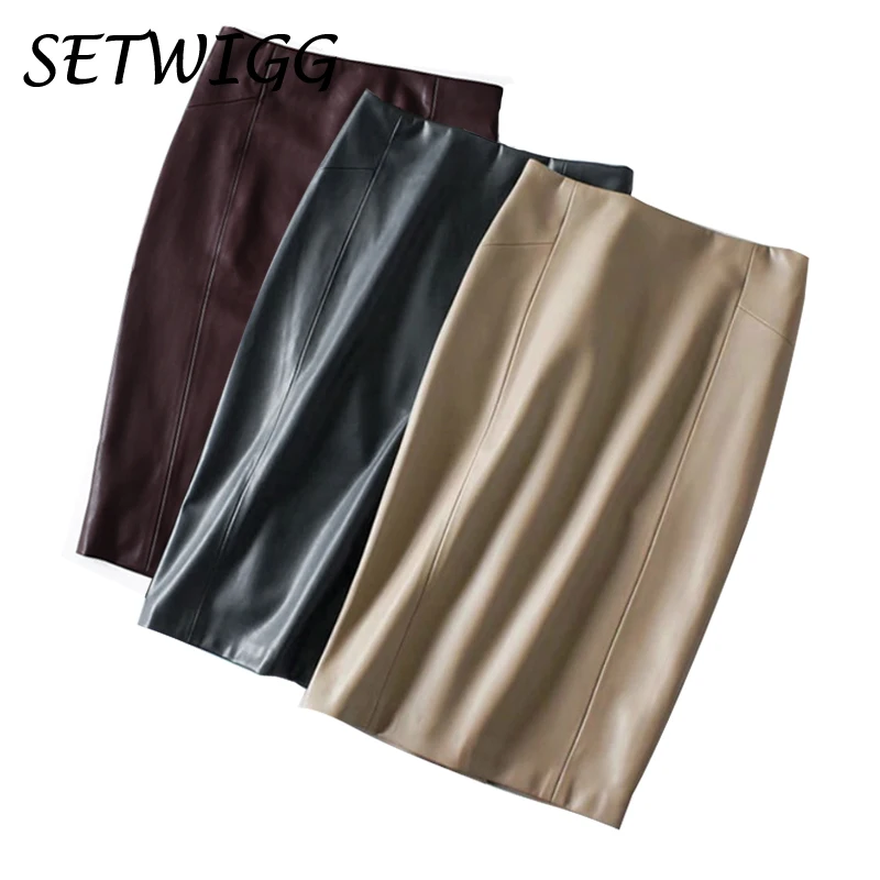 Midi Skirt Autumn Ladies Package Hip Back Split Faux Leather Pencil Skirt Burgundy Coffee