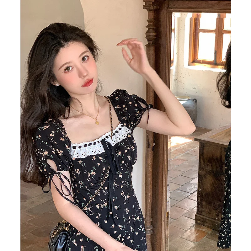 

French Square Neck Printed Dress Women 2022 New Summer Gentle Girl's Feeling Waist Closed Split Dress