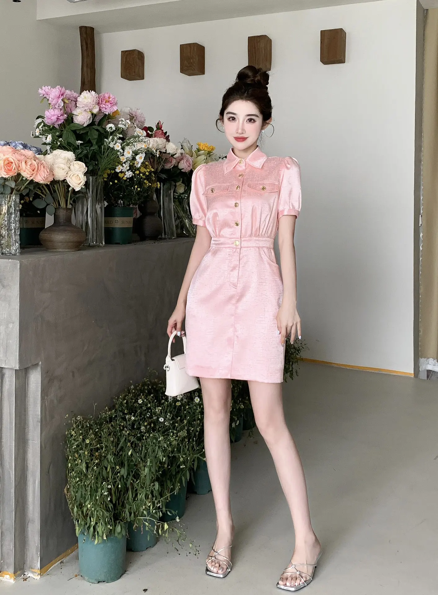 2023 Spring/Summer Fashion New Women's Clothing Puff Sleeve Patchwork Jacquard Dress 0704