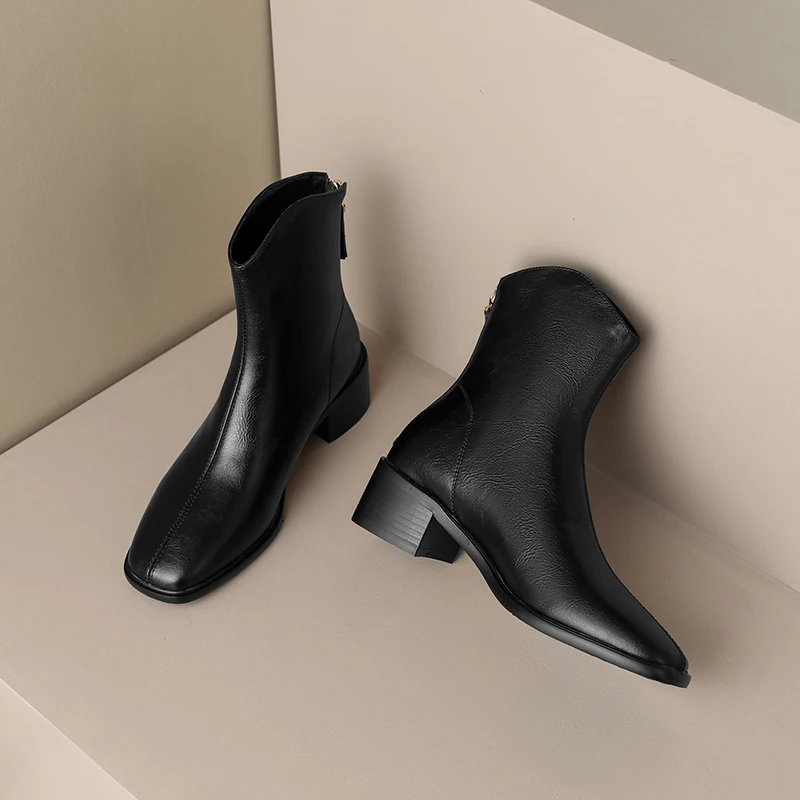 MythLuo Pumps Ankle Boots For Women Chunky Heels Boots Cow Leather Square Toe Mid Heels Office Ladies Casual Shoes Retro