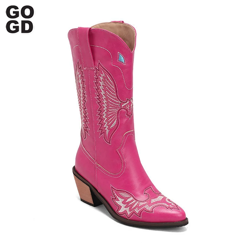 

GOGD Brand Fashion Women's New Winter Embroidered Western Cowboy Boots Warm Plush Pointed Toe Mid-Calf Boots Block Heel Pull-On
