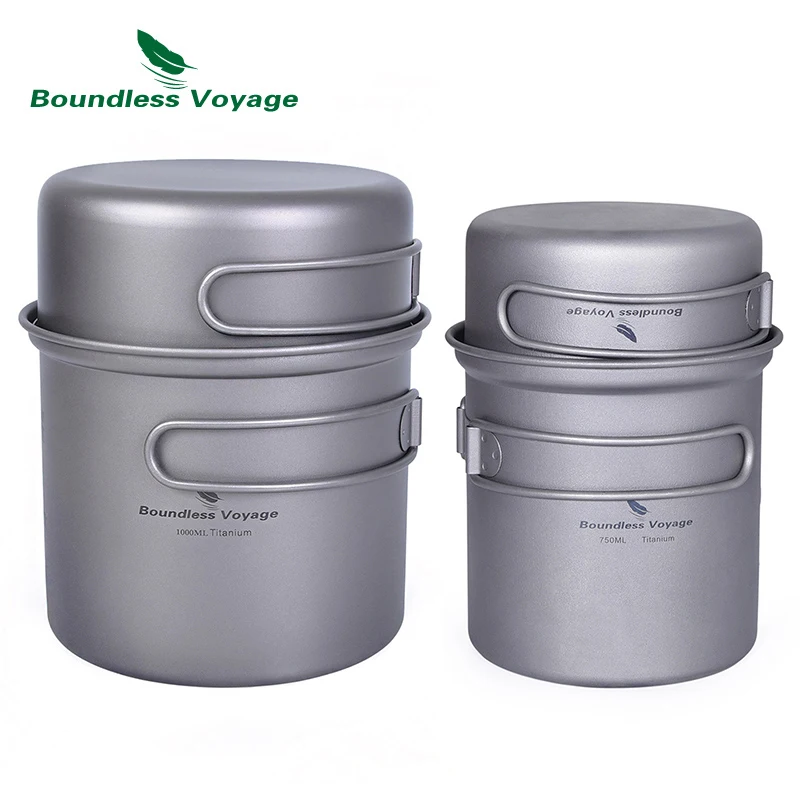 

Titanium Pot Pan Set Camping Picnic Cookware Outdoor Ultralight Bowl Cup Cooking Utensils with Folding Handle Boundless Voyage