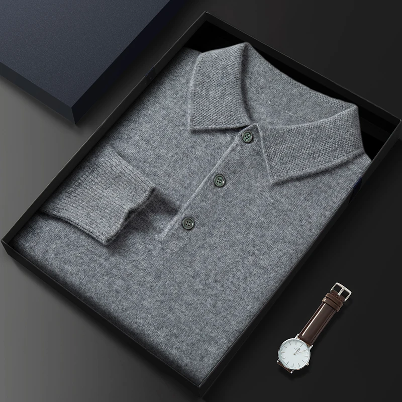 Pure cashmere sweater men's lapel sweater Polo collar sweater winter long-sleeved bottoming shirt shirt collar warm clothes