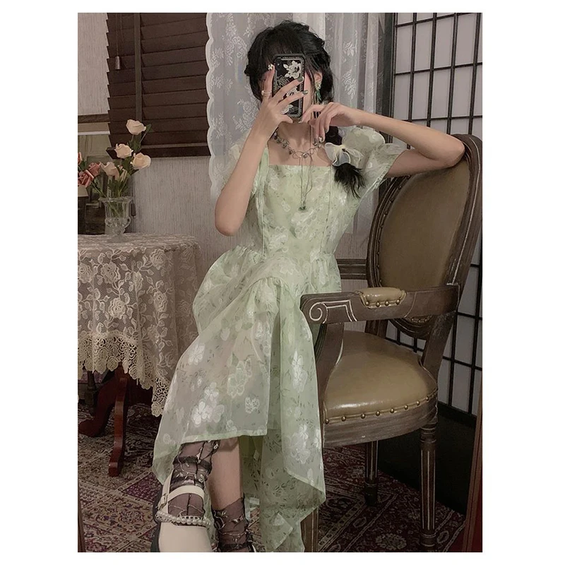 

New Korean Version Square Neck Vintage Chiffon Floral Dress Summer Women's Commuting Backless Waist Skirt