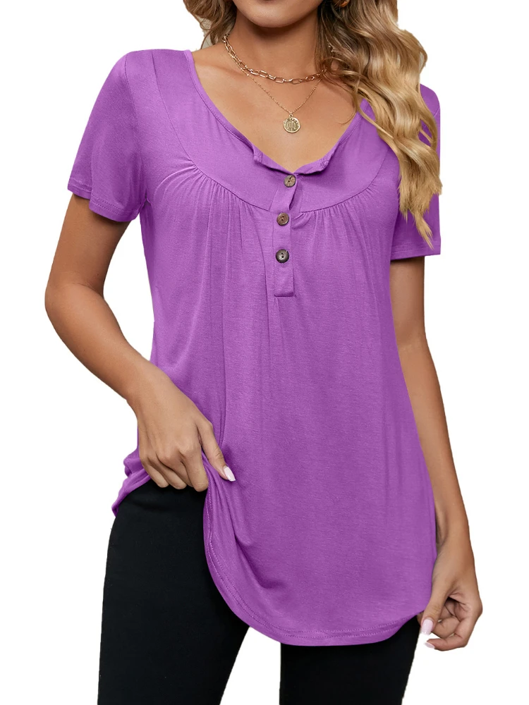 

Women Short Sleeve Solid V Neck Pleated Tops
