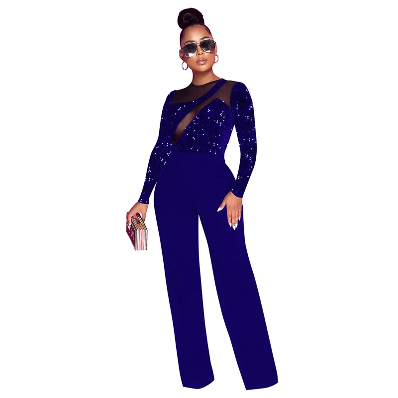 

Straight Jumpsuit Women Full Sleeve O Neck Playsuit Spring New Fashion Sequin Mesh Patchwork Street Style Sexy Jumpsuit Overalls