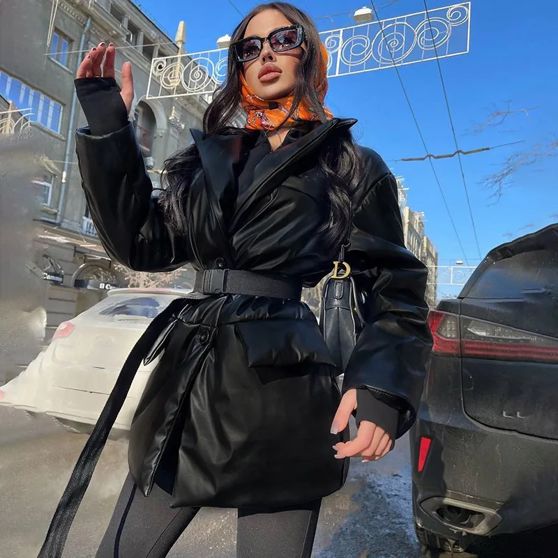 Autumn and Winter Waist Mid-length 2021 Fashion Padded Jacket with Lapel Temperament Pure Color Bright Face Long-sleeved Jacket