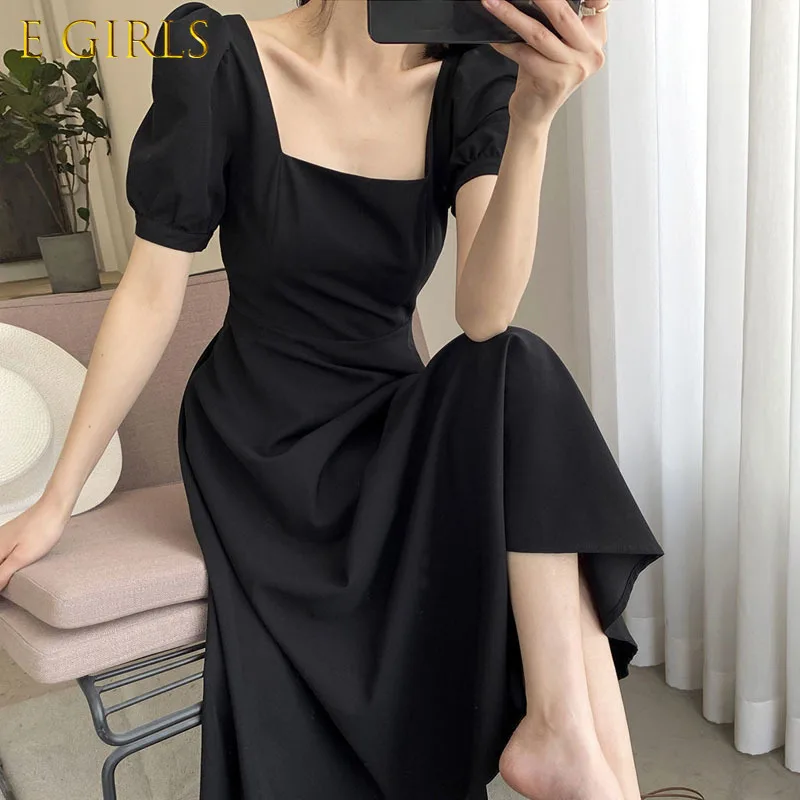 

E GIRLS Square Collar Black Dresses for Women Short Sleeve Elegant Midi Dress One Piece Dress Korean Office Lady Summer Chic