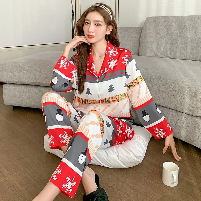 

Зимние рождественские атласные пижамные комплекты Jxgarb, модные брюки с длинным рукавом, Повседневная Домашняя одежда, 2 предмета, шелковая ж...