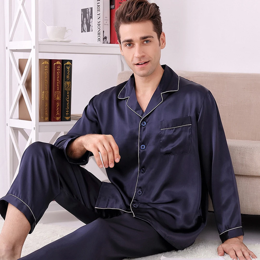 Men100% Real Silk Pajamas Set for Men Sleepwear Loungewear Long Sleeve Sleepwear Nightgown