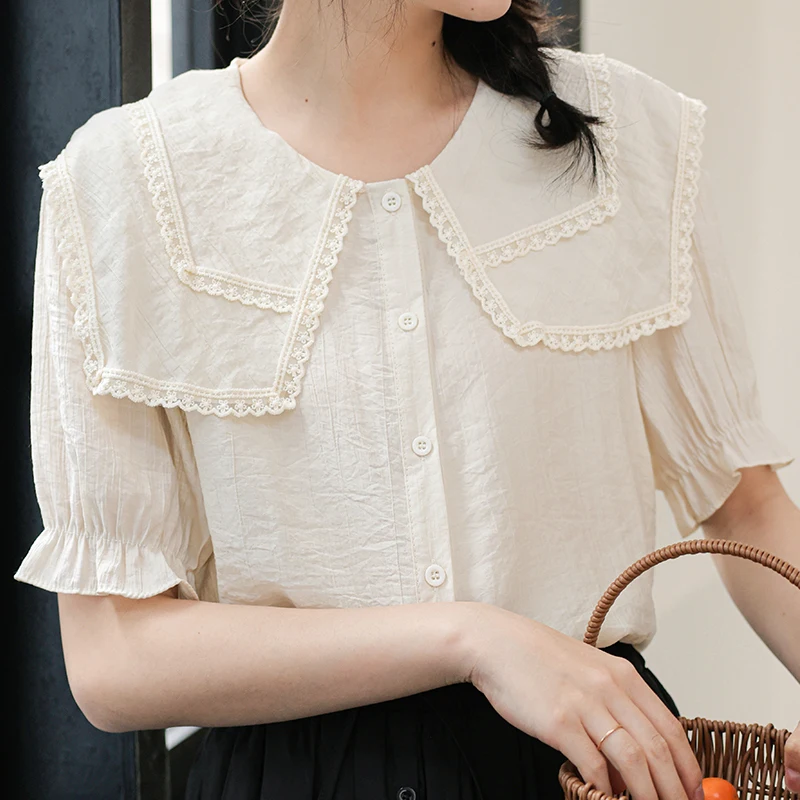 

Summer Women's Short Sleeve Doll Neck Flare Sleeve Solid Sweet Simple Chiffon Shirt blouse women blusas mujer women tops A5