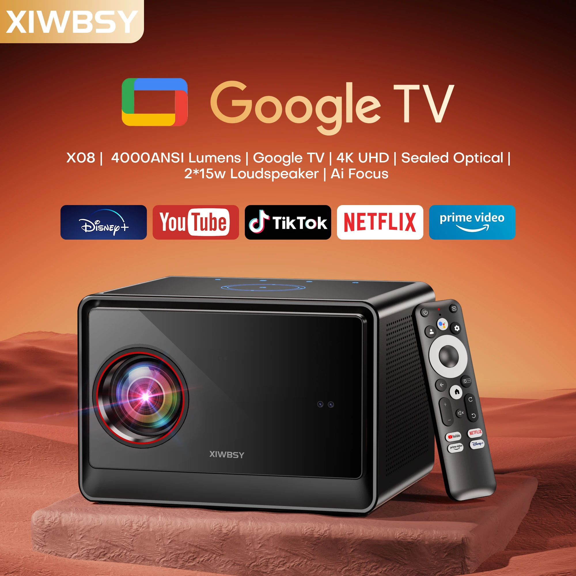 Фото Проектор XIWBSY 64 ГБ Google TV 4000 ANSI люмен, для просмотра фильмов без подключения к интернету, 4K HD видеопроектор, Android 14.0, герметичный оптический проектор №1