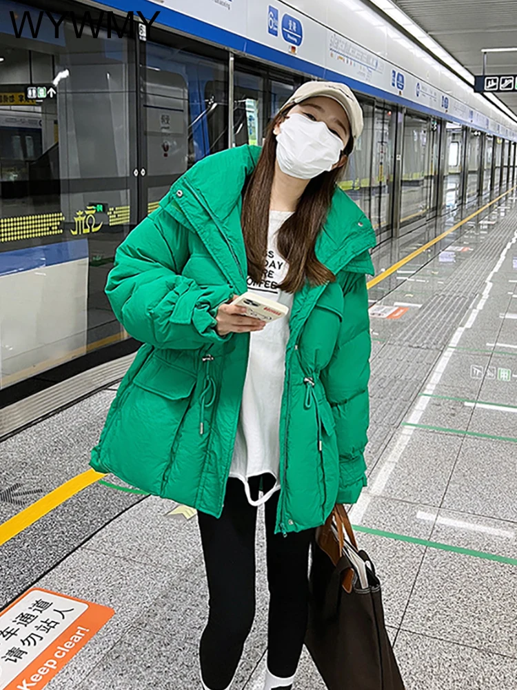 Chic Hooded Drawstring Waist Long Sleeve Loose Padded Jacket for Women Winter Streetwear Lady Warm Pockets Cotton Padded Coat