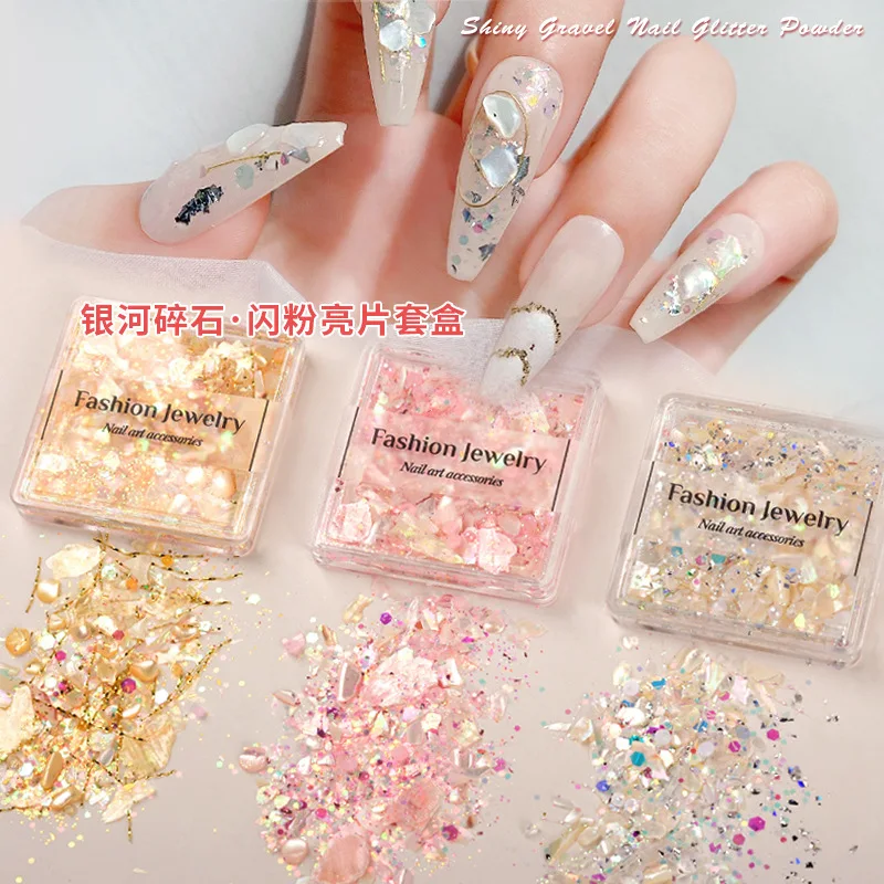 

3boxs Natural Shell Pieces Crystal Diamond Galaxy Powder Ultra-thin Shell Glitter Nail Jewelry Beauty Decoration For Nail Tip