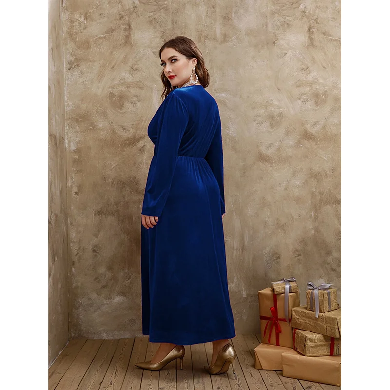 Plus Size Rose Red Fashion Velvet Elegant Dress 4XL5XLV Collar Lace Loose Long Sleeves Maxi Rose Red Plus Size Dresses