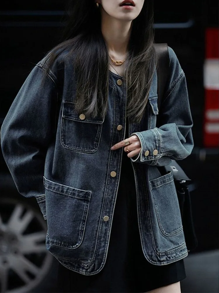 

Vintage Design Blue Denim Jacket Women Korean Washed Loose Long Sleeve Short Jean Jackets Streetwear Casual Chaquetas Mujer