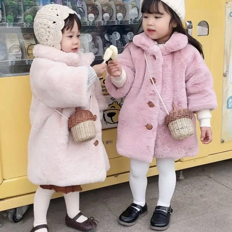 

Girls Fur Coat Jacket Cotton Outwear Overcoat 2022 Pink Warm Thicken Plus Velvet Winter Autumn Christmas Children's Clothing