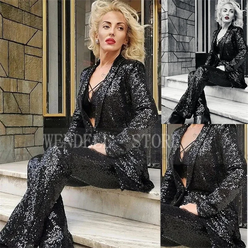 New Ladies Suit Sequins Fashion Loose Elegant Fit Dress Party Customizable Jacket + Pants conjuntos feminino elegante