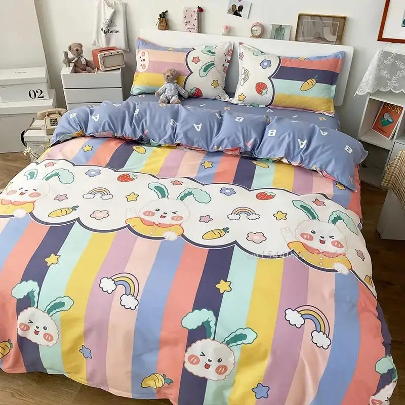 

Colorful Rainbow Cute Rabbit Bedding Set Boys Girls Flat Sheets Bed Linen Duvet Quilt Cover Pillowcase for Queen Full Bed