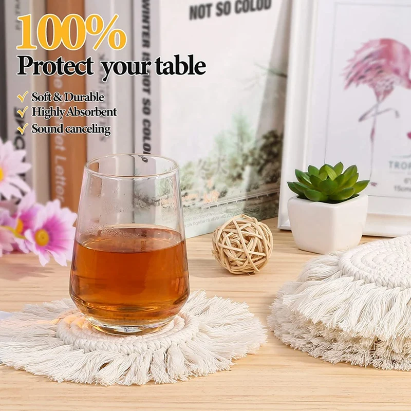 5PCS Macrame Handmade Cotton Coasters Woven Coaster For Coffee Table Boho Set With Tassels Heat