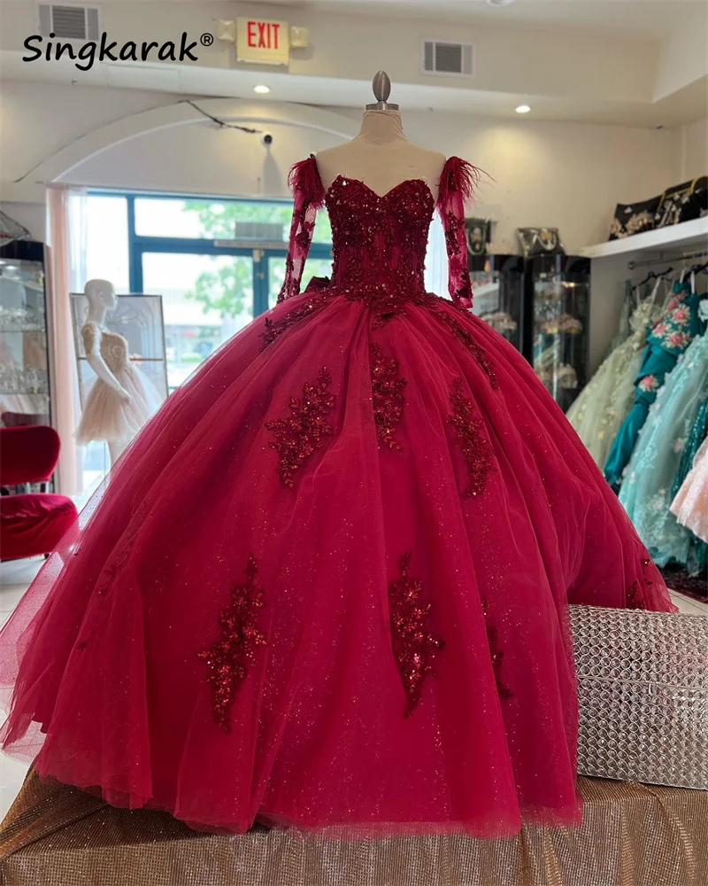 

New Arrival Red Quinceanera Dresses Ball Gown 2024 Sequins Appliques Crystals Beads Feathers Sweet 16 Dress Party Gown 15th