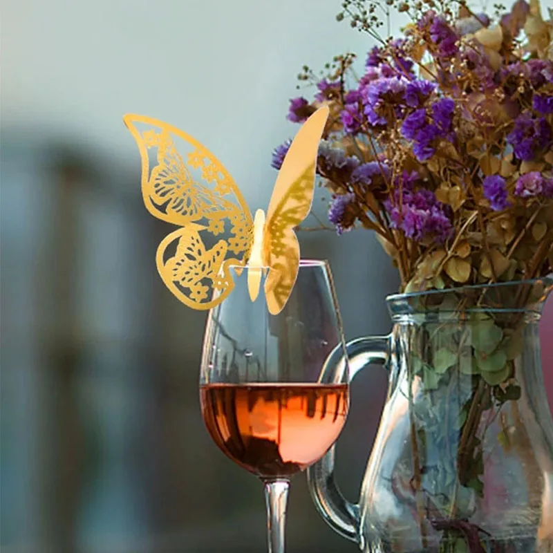 

50pcs Butterfly Wine Glass Cup Card Name Place Cards Table Mark Wedding Table Decor Table Name Message Greeting Card Party Decor