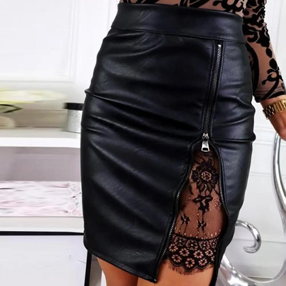

High Waist Lace Patchwork Side Zipper Split Solid Color Women Skirt Hip Wrap Faux PU Leather Pencil Mini Bodycon Skirt Faldas