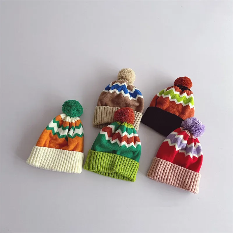 

48-52cm New autumn and winter 2023 dopamine color matching big wool ball warm knitting hat for boys and girls Rainbow color hat