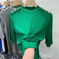 womens tee shirt 2022 spring summer button o neck t shirts female casual green blue summer shirts tops clothes for women