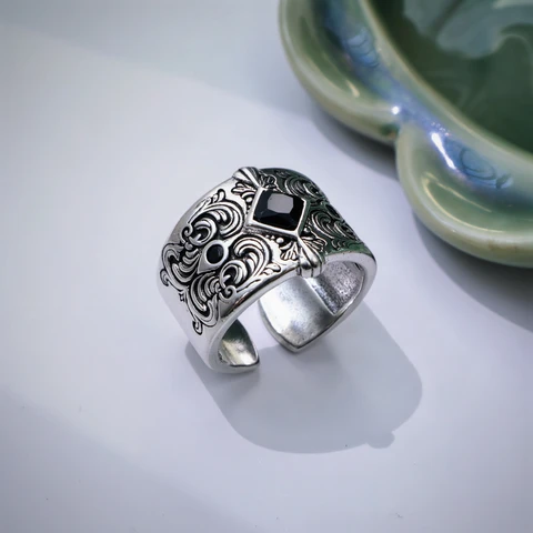 LENNIK Посеребренное медное кольцо с черным цирконом для мужчин