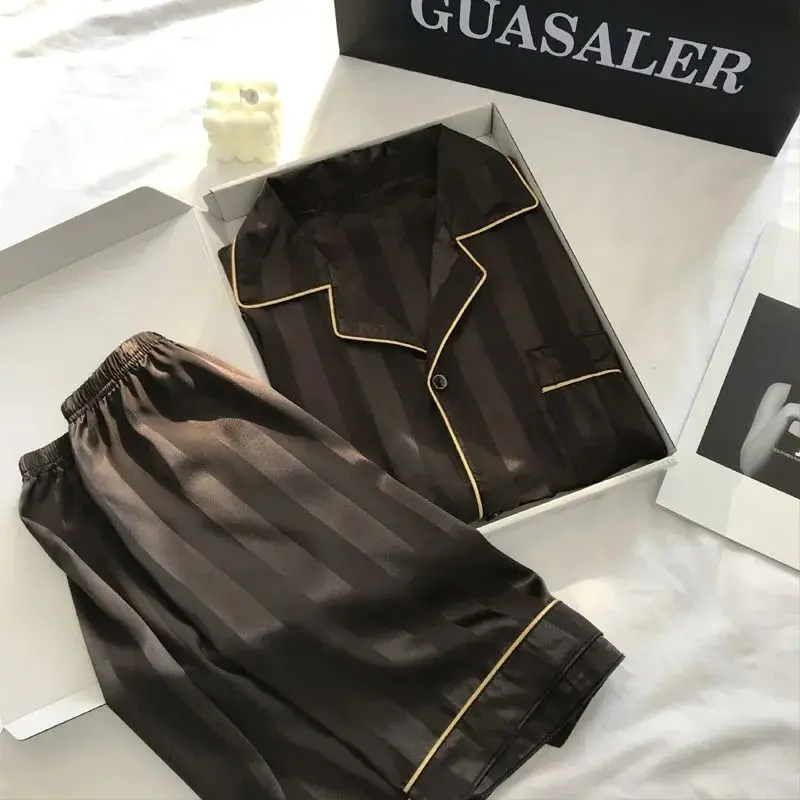 

Summer Ice Silk Men's Pajamas Short-sleeved Shorts Thin Simulation Silk Loose Plus Fertilizer Plus Size Home Clothes Suit