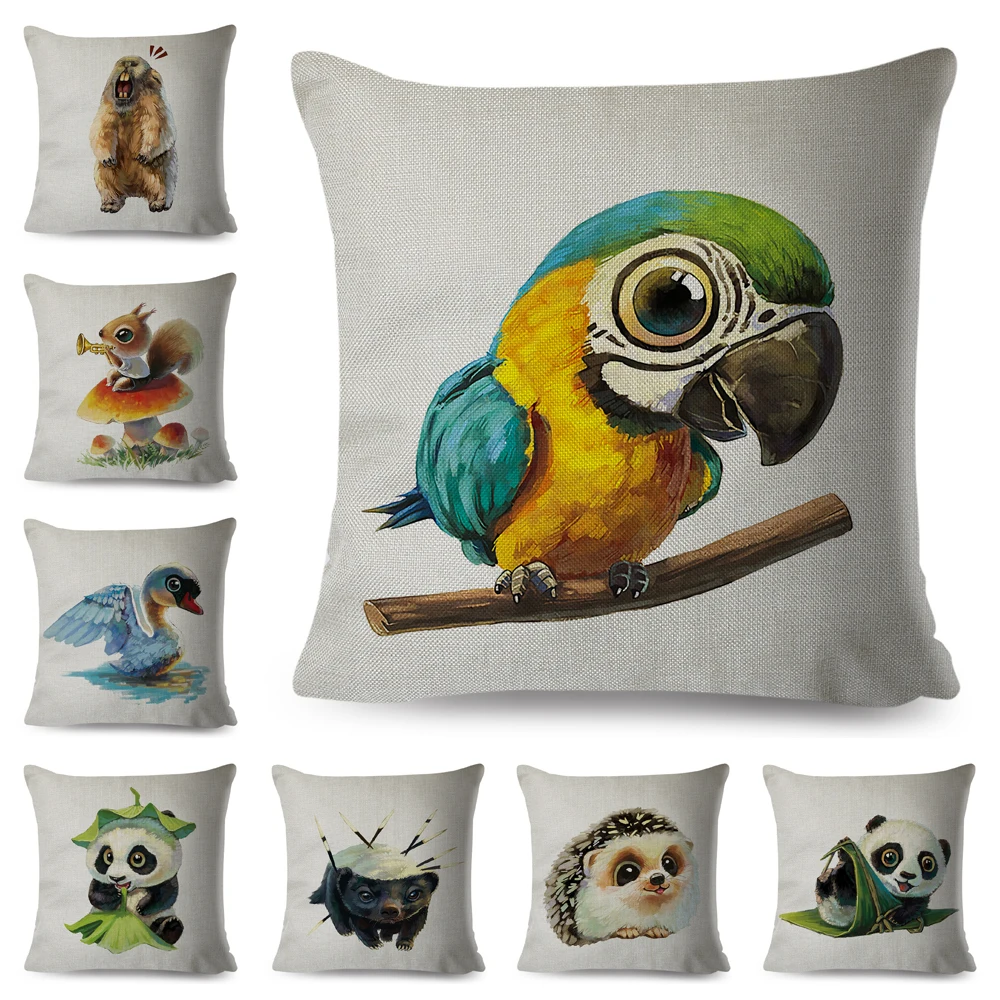 

Cute Cartoon Parrot Panda Cushion Cover Decor Water Color Animal Pillowcase Polyester Pillow Case for Sofa Home Children Room