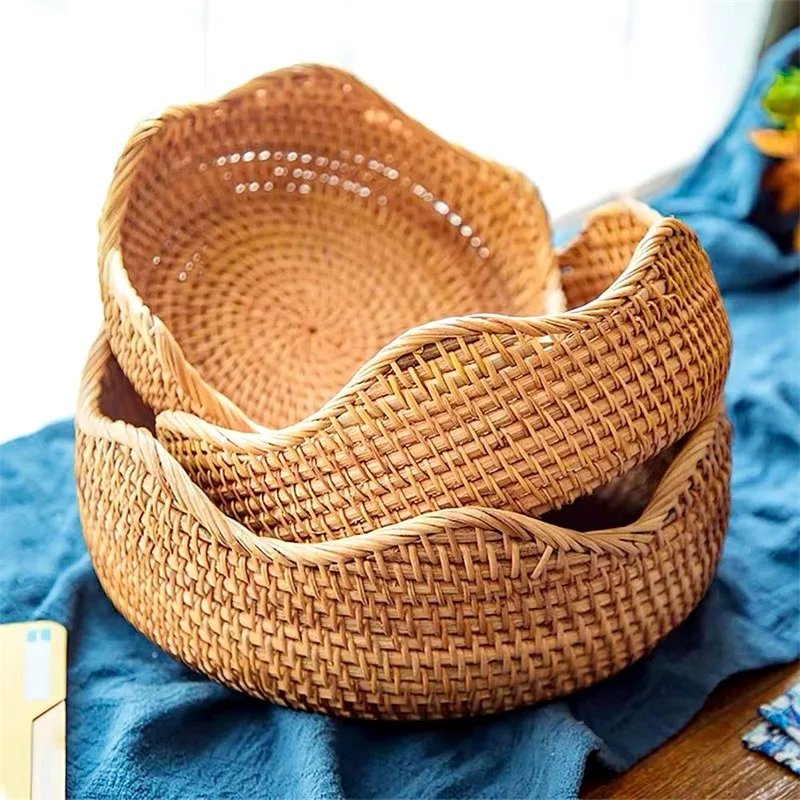 

Hand-Woven Storage Basket Rattan Storage Tray Wicker Baskets Bread Fruit Food Breakfast Display Box Handicrafts Home Decoration