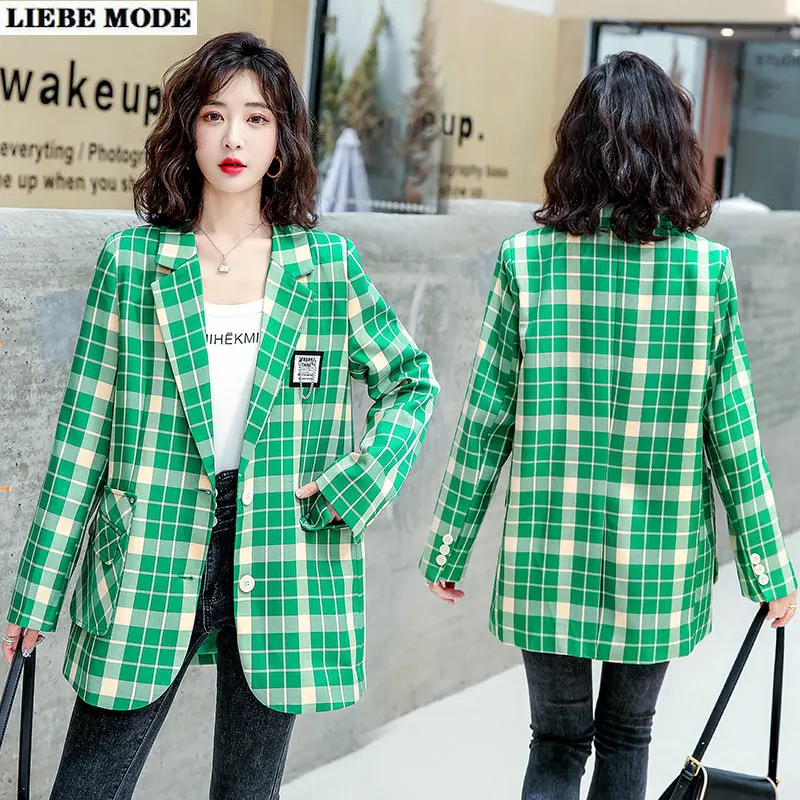 2023 Spring Women Blazer Classic Green Plaid Casual Blazers Coat Office Ladies Single Breasted Outerwear British Fashion Jacket
