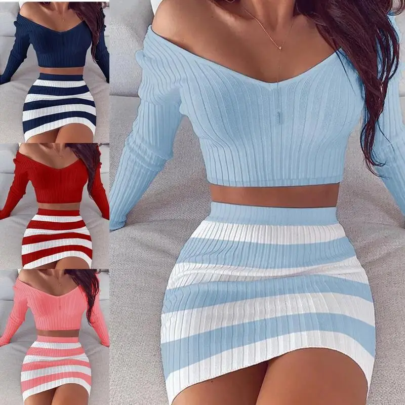 

Women's Knitted Sets 2022 Spring Long Sleeve V Neck Crop Tops + Striped Mini Skirt Casual Suits Lady Sexy Slim Outfits